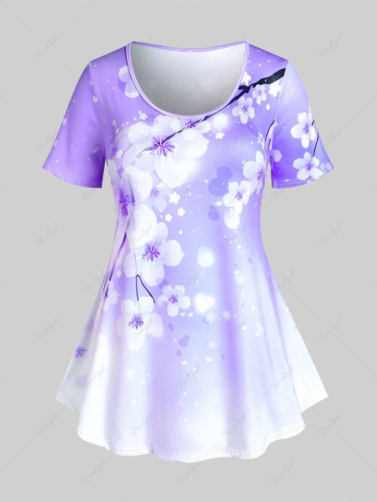 T-shirt à Imprimé Fleur de Sakura Curve Cottagecore Grande Taille Violet clair 2X | US 18-20
