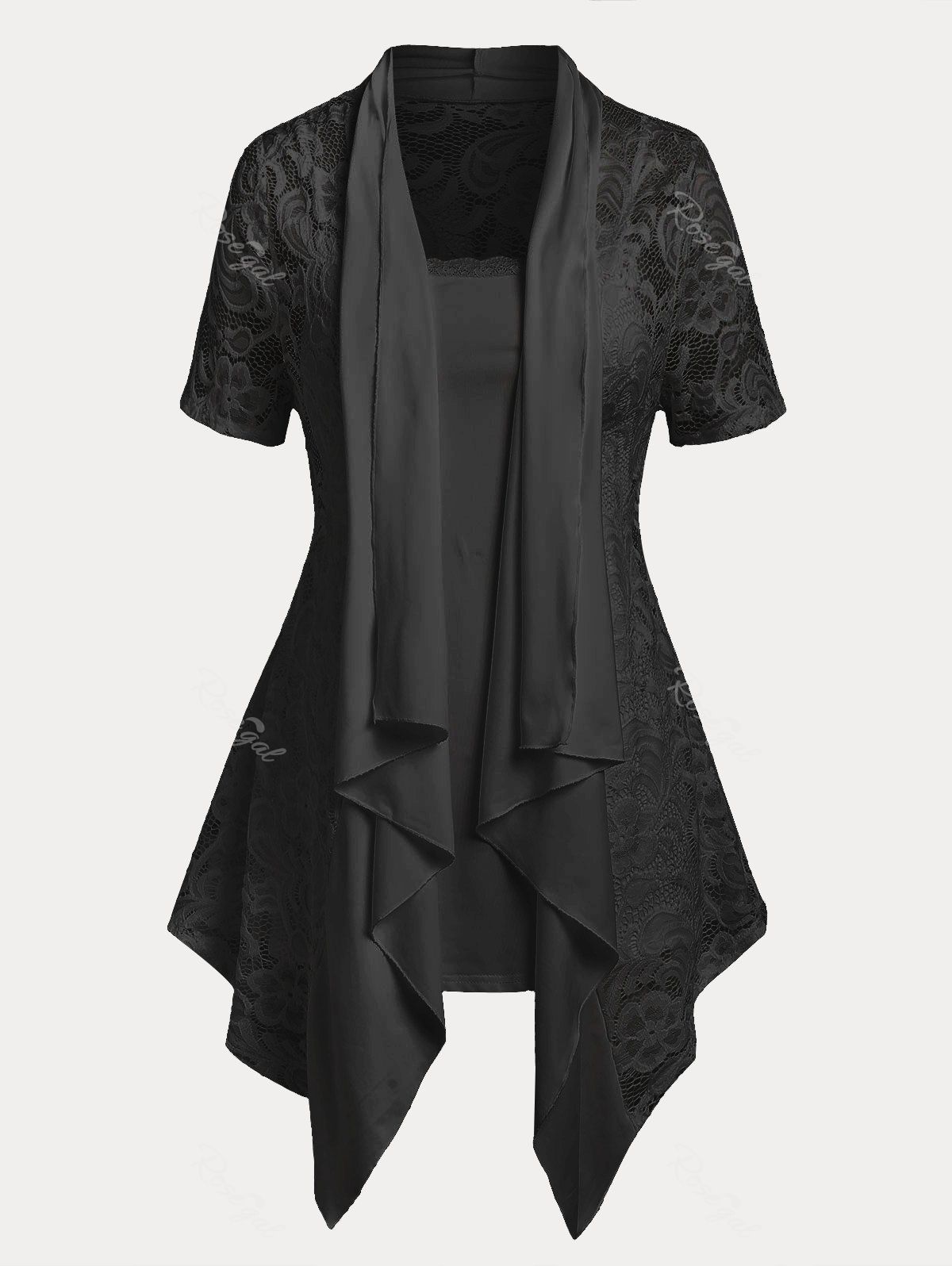 Latest Plus Size Draped Asymmetric Lace Cardigan and Camisole  