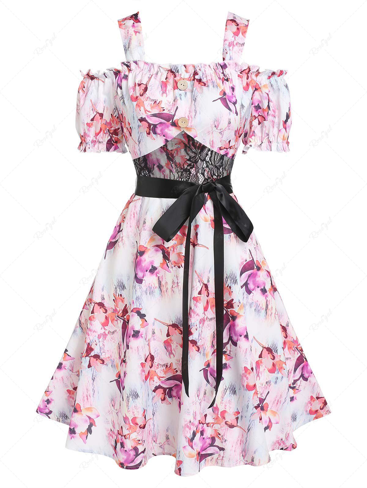 Shop Cold Shoulder Flower Lace Insert Dress  