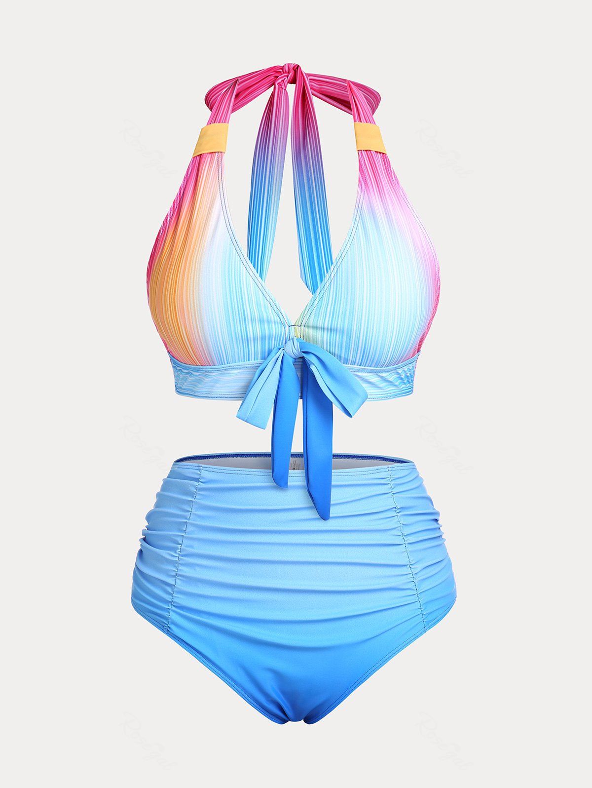 Maillot de Bain Bikini en Couleur Ombrée à Taille Haute de Grande Taille à Volants à Col Halter Bleu 3X