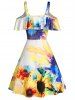 Floral Printed Cold Shoulder A Line Dress -  
