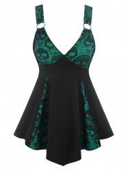 Plus Size Plung Skull Lace Panel Tank Top -  