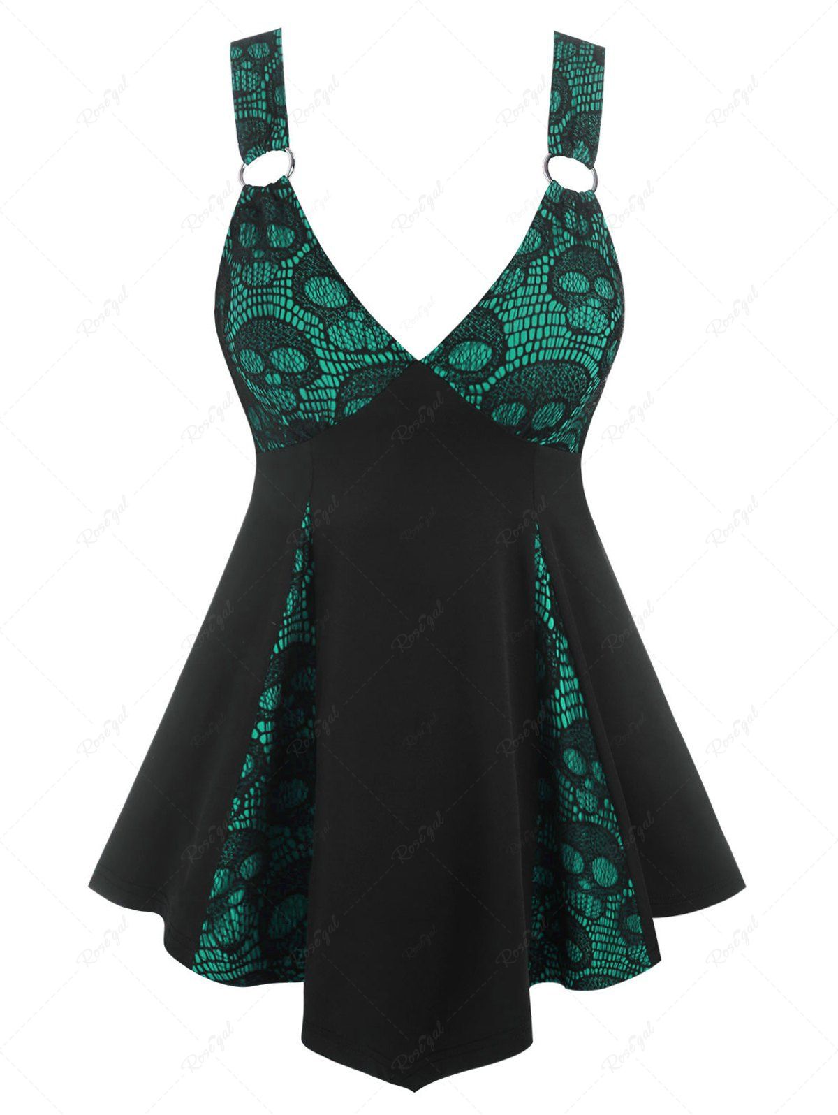 Unique Plus Size Plung Skull Lace Panel Tank Top  