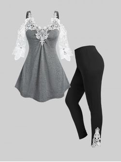Cold Shoulder Lace Panel Tee and Curve High Waist Leggings Plus Size Summer Outfit - LIGHT GRAY