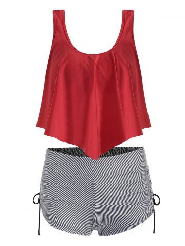 Striped Cinched Flounce Overlay Tankini Swimwear - RED - XL