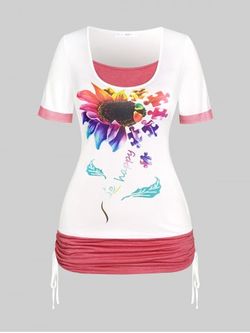 Plus Size Sunflower Print Cinched Ruched Contrast Tee - WHITE - 2X