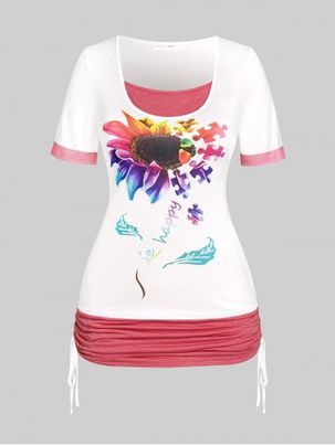 Plus Size Sunflower Print Cinched Ruched Contrast Tee
