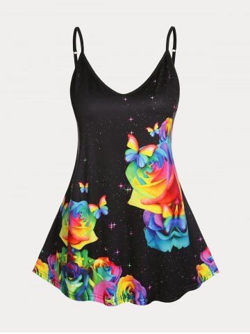 Plus Size & Curve Rainbow Rose Butterfly Print Flowy Cami Top (Adjustable Straps)