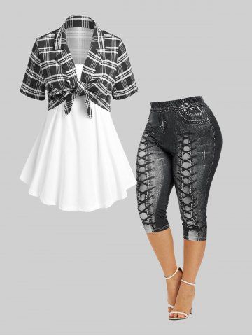 Lapel Tie Knot Plaid Top and Camisole Set & Capri 3D Leggings Plus Size Summer Outfit - MULTI