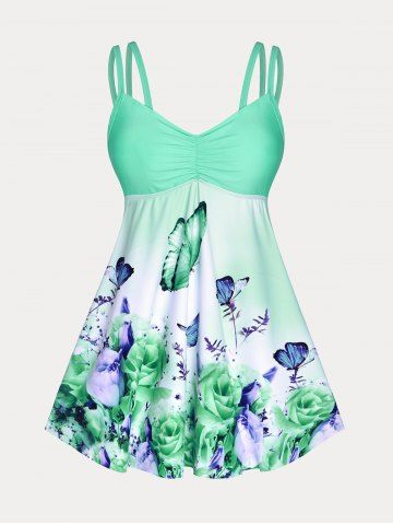 Plus Size & Curve Butterfly Rose Print High Waist Tankini Swimsuit - LIGHT GREEN - L