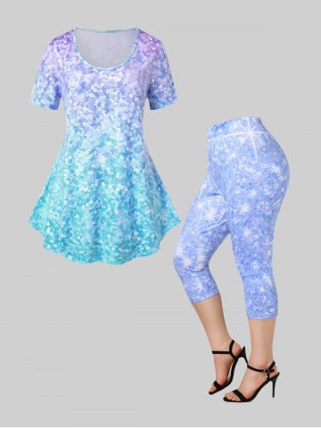 Ombre 3D Sparkly Glittery Tee and Capri Leggings Plus Size Summer Outfit