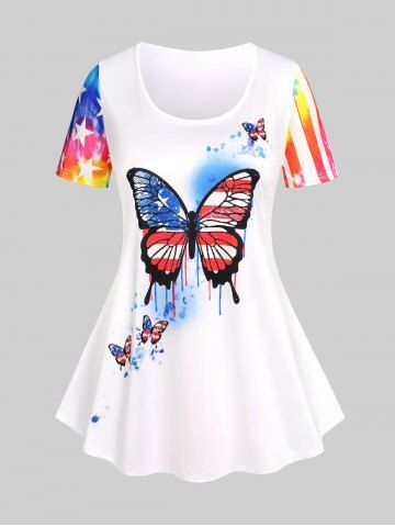 T-shirt Patriotique Style Curve à Imprimé Papillon Grande Taille - WHITE - M | US 10