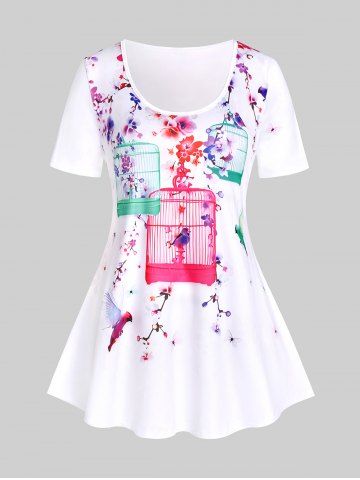 T-shirt Courbe à Imprimé Floral et Oiseaux de Grande Taille - WHITE - 5X | US 30-32