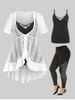 High Low Mesh Blouse and Camisole Set & Rhinestones Curve Pants Plus Size Summer Outfit -  