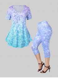 Ombre 3D Sparkly Glittery Tee and Capri Leggings Plus Size Summer Outfit -  