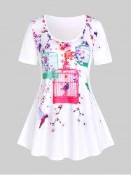 T-shirt Courbe à Imprimé Floral et Oiseaux de Grande Taille - Blanc 5x | US 30-32