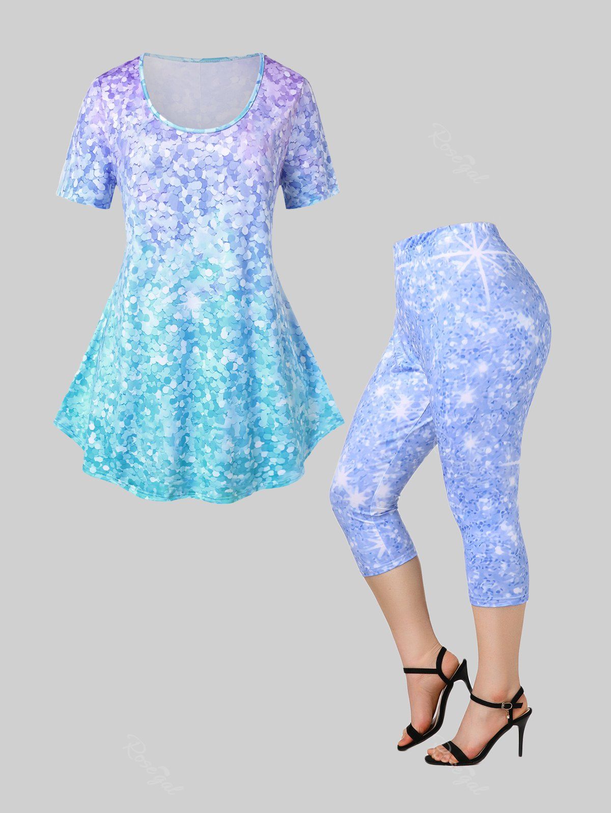 Chic Ombre 3D Sparkly Glittery Tee and Capri Leggings Plus Size Summer Outfit  