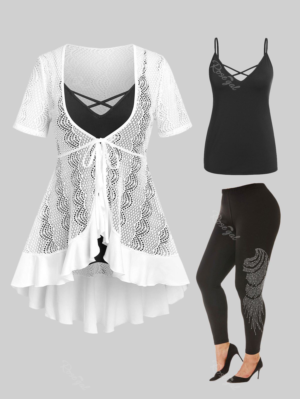 Discount High Low Mesh Blouse and Camisole Set & Rhinestones Curve Pants Plus Size Summer Outfit  