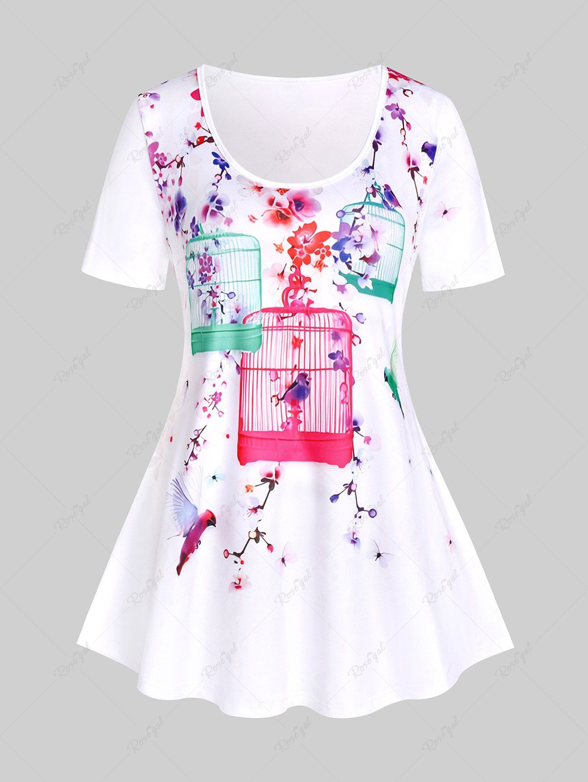 T-shirt Courbe à Imprimé Floral et Oiseaux de Grande Taille Blanc 5x | US 30-32