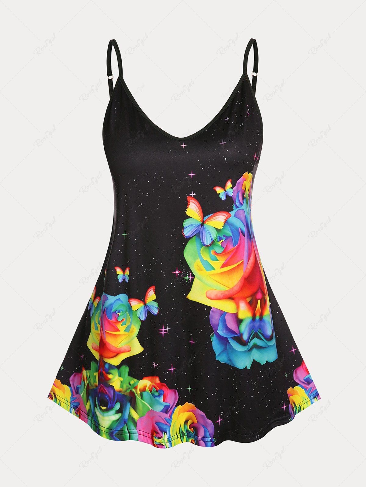 Fancy Plus Size & Curve Rainbow Rose Butterfly Print Flowy Cami Top (Adjustable Straps)  