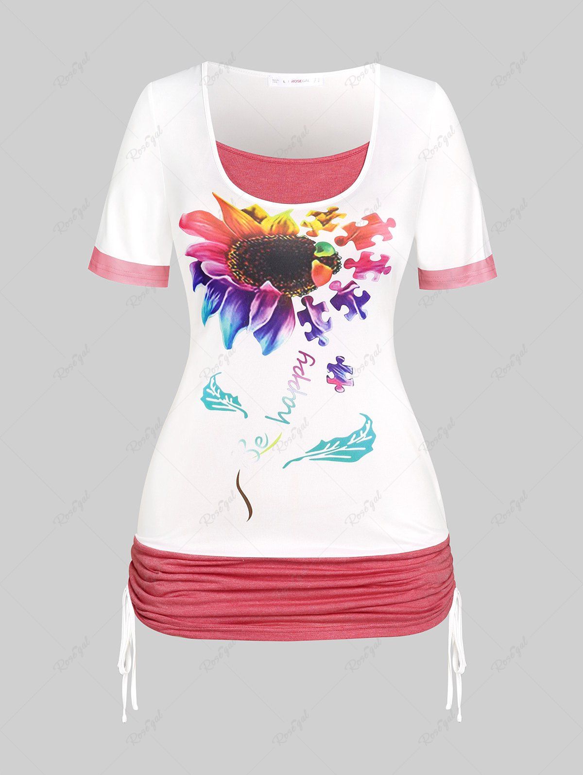 Fashion Plus Size Sunflower Print Cinched Ruched Contrast Tee  