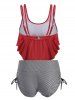 Striped Cinched Flounce Overlay Tankini Swimwear -  