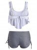 Striped Cinched Flounce Overlay Tankini Swimwear -  