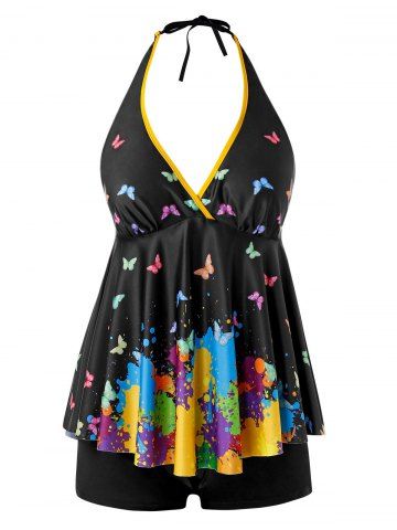 Plus Size & Curve Halter Splatter Paint Butterfly Tankini Swimsuit - BLACK - L