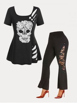 Gothic Ripped Lace Skull Tee and High Waist Flare Pants Plus Size Summer Outfit - WHITE
