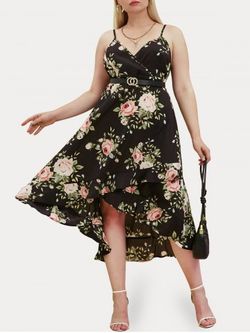 Plus Size&Curve Floral Flounce Surplice High Low Midaxi Dress - BLACK - 1X
