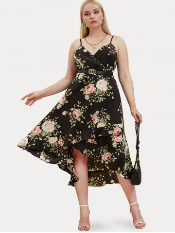 Plus Size&Curve Floral Flounce Surplice High Low Midaxi Dress