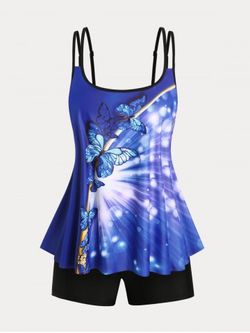 Plus Size & Curve Butterfly Padded Backless Tankini Swimsuit - BLUE - L
