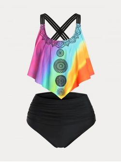 Plus Size & Curve Cross Ombre Overlay Ruched Padded Tankini Swimsuit - MULTI - L