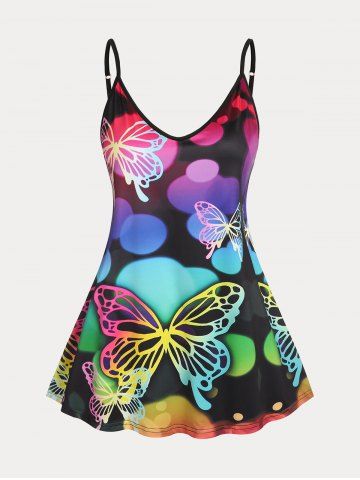 Plus Size & Curve Colorful Butterfly Print Flowy Cami Top - BLACK - XL