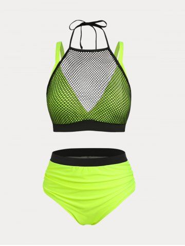 Plus Size Fishnet Overlay Ruched Bikini Swimsuit - YELLOW - 3X