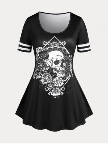 T-shirt Gothique à Imprimé Rose et Crâne Grande Taille