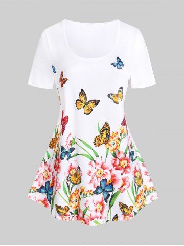 Plus Size & Curve Basic Butterfly Flower Print Tee - WHITE - 5X | US 30-32