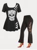 Gothic Ripped Lace Skull Tee and High Waist Flare Pants Plus Size Summer Outfit -  