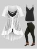 High Low Mesh Blouse and Camisole Set &  High Waist Curve Pants Plus Size Summer Outfit -  