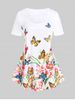 T-shirt Courbe à Imprimé Papillon et Fleurs Grande Taille - Blanc 