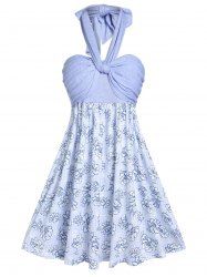 Flower Print Twist Halter Backless Dress -  