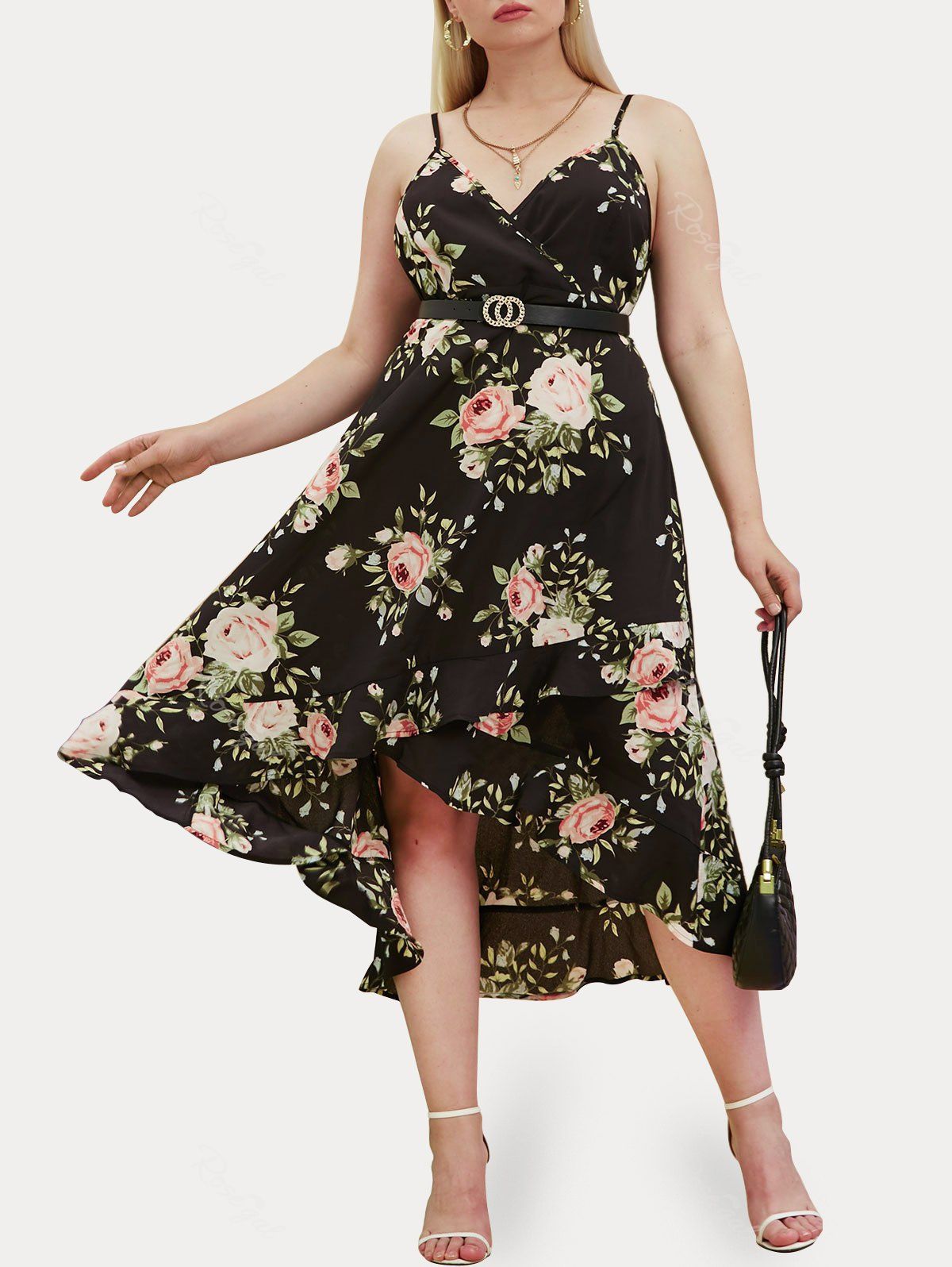 Unique Plus Size&Curve Floral Flounce Surplice High Low Midaxi Dress  