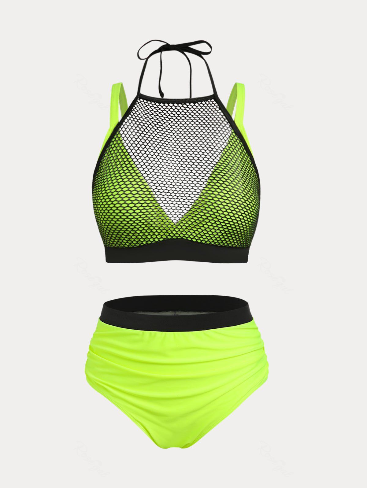 Trendy Plus Size Fishnet Overlay Ruched Bikini Swimsuit  