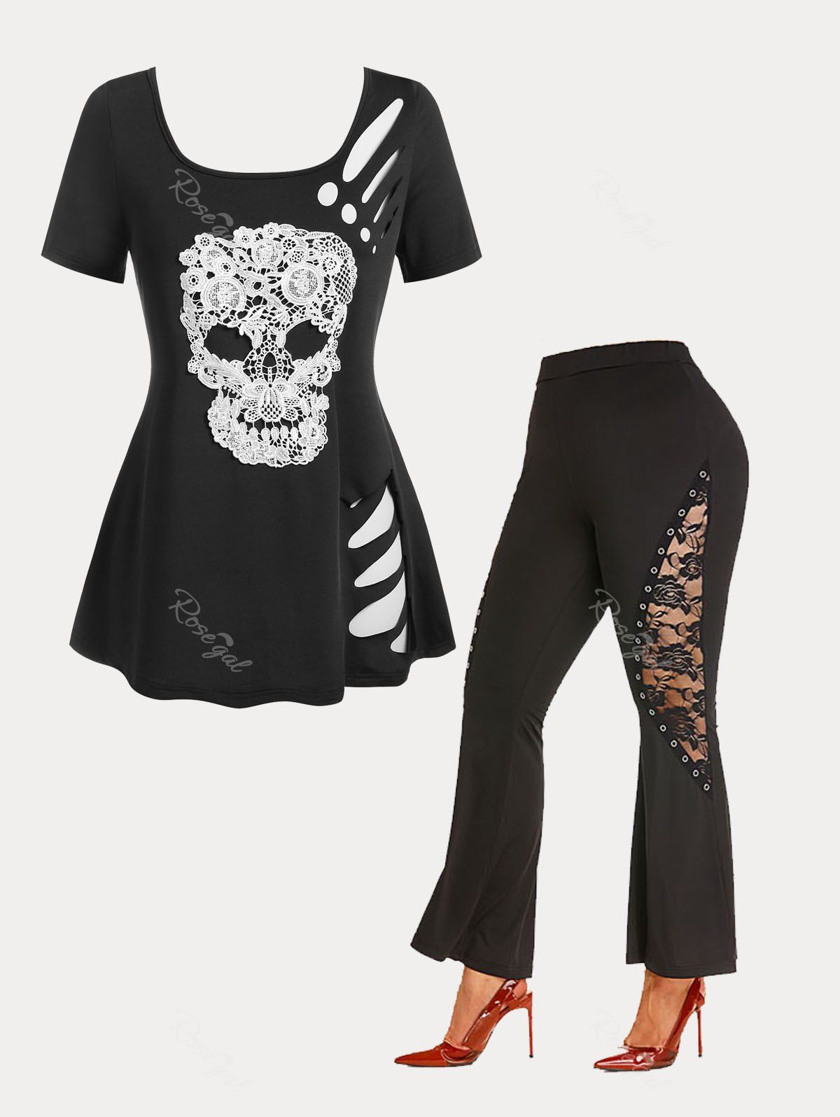 Discount Gothic Ripped Lace Skull Tee and High Waist Flare Pants Plus Size Summer Outfit  