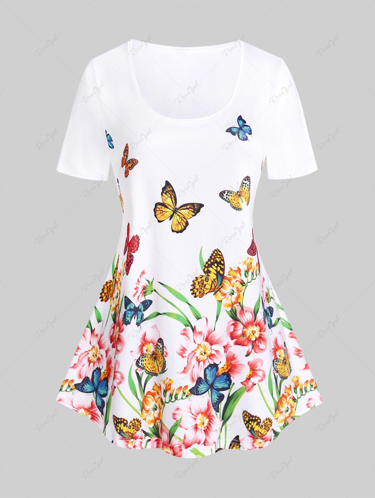 T-shirt Courbe à Imprimé Papillon et Fleurs Grande Taille Blanc 