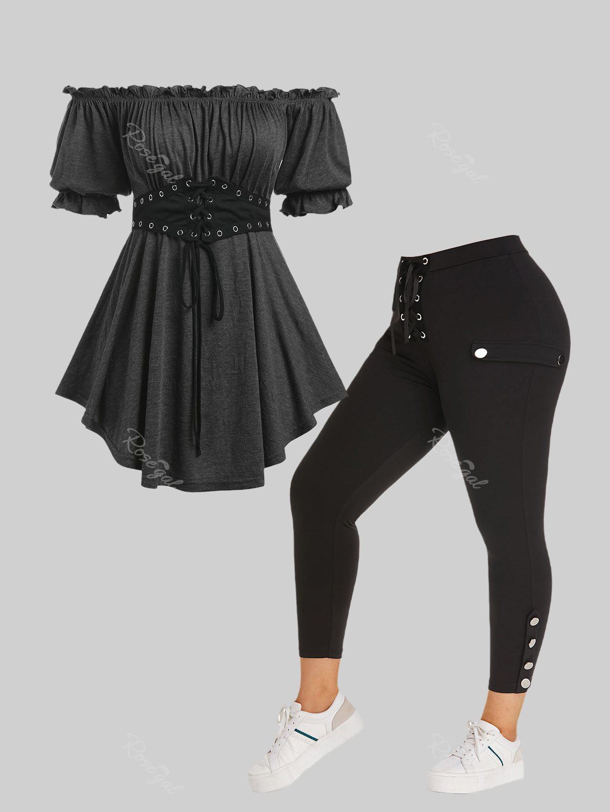 Online Off The Shoulder Lace Up T-shirt and High Waist Curve Pants Plus Size Summer Outfit  
