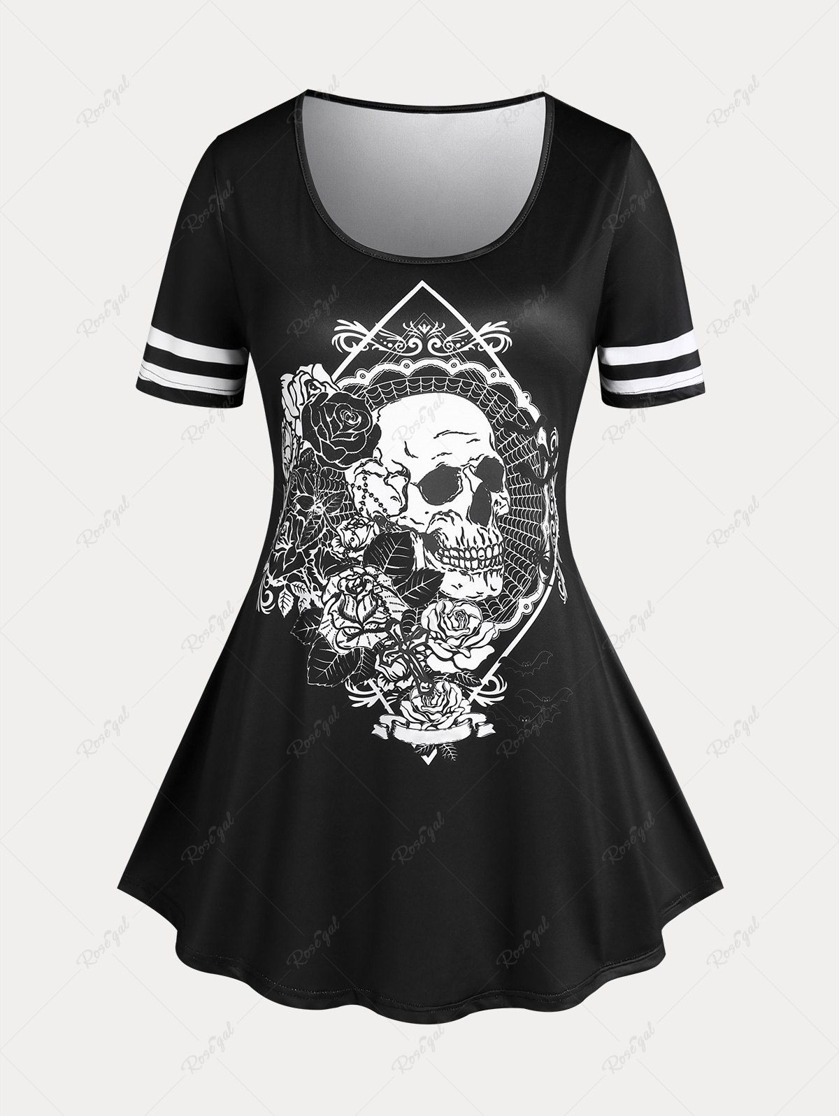 T-shirt Gothique à Imprimé Rose et Crâne Grande Taille Noir 