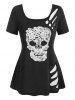 Gothic Ripped Lace Skull Tee and High Waist Flare Pants Plus Size Summer Outfit -  