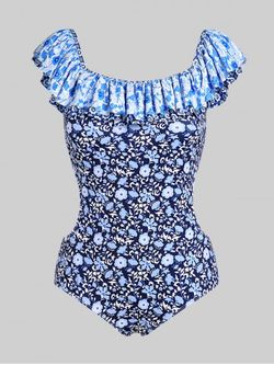 Plus Size Ruffle Embellished Side Cut Out Swimwear - DEEP BLUE - 1X