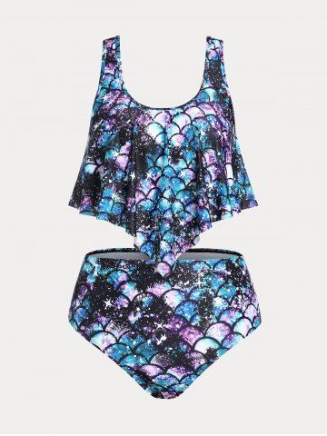 Plus Size & Curve Mermaid Print Ruffled Overlay Tankini Swimsuit - BLUE - 2X